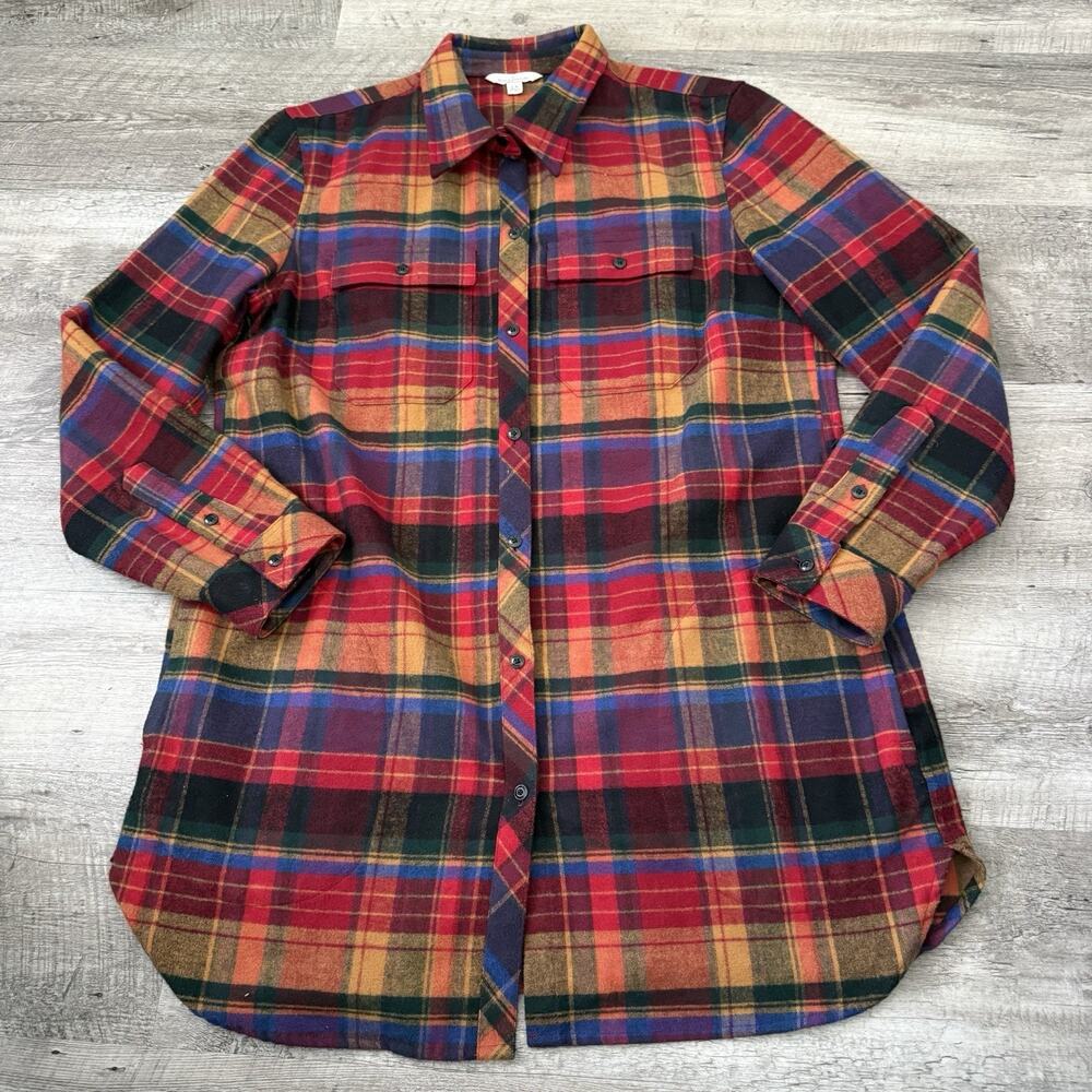 LL Bean Signature Chamois Tunic Womens Large Shirt Shacket Plaid Pockets Multi